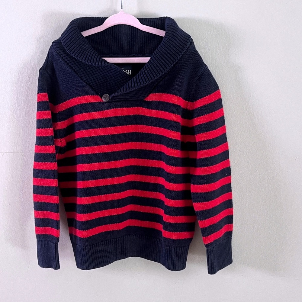 OshKosh B'gosh Shawl Neck Sweater 5 Boys Striped Navy Blue Red OSH11774-SSI